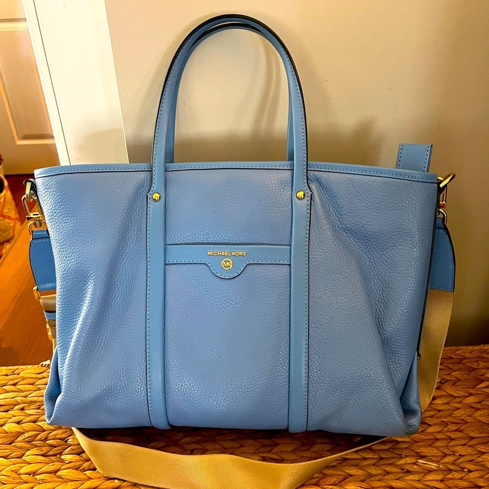 Michael Kors light blue leather tote with removable shoulder strap